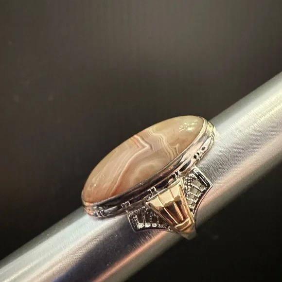 VTG Agate Pinky Ring Sterling Silver & 10K GF Long Oval Cabochon